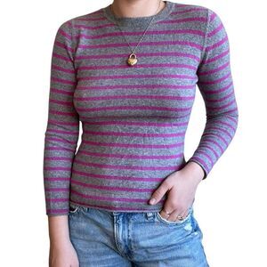 Garnet Hill Womens 100% Cashmere Pink Gray Striped Crewneck Sweater Sz XS